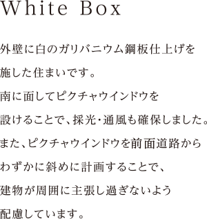 外壁に白のガリバニウム鋼板仕上げを
施した住まいです。
南に面してピクチャウインドウを
設けることで、採光・通風も確保しました。
また、ピクチャウインドウを全面道路から
わずかに斜めに計画することで、
建物が周囲に主張し過ぎないよう
配慮しています。

