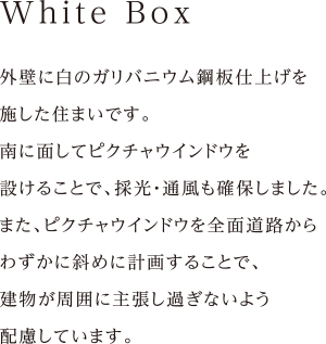外壁に白のガリバニウム鋼板仕上げを
施した住まいです。
南に面してピクチャウインドウを
設けることで、採光・通風も確保しました。
また、ピクチャウインドウを全面道路から
わずかに斜めに計画することで、
建物が周囲に主張し過ぎないよう
配慮しています。
